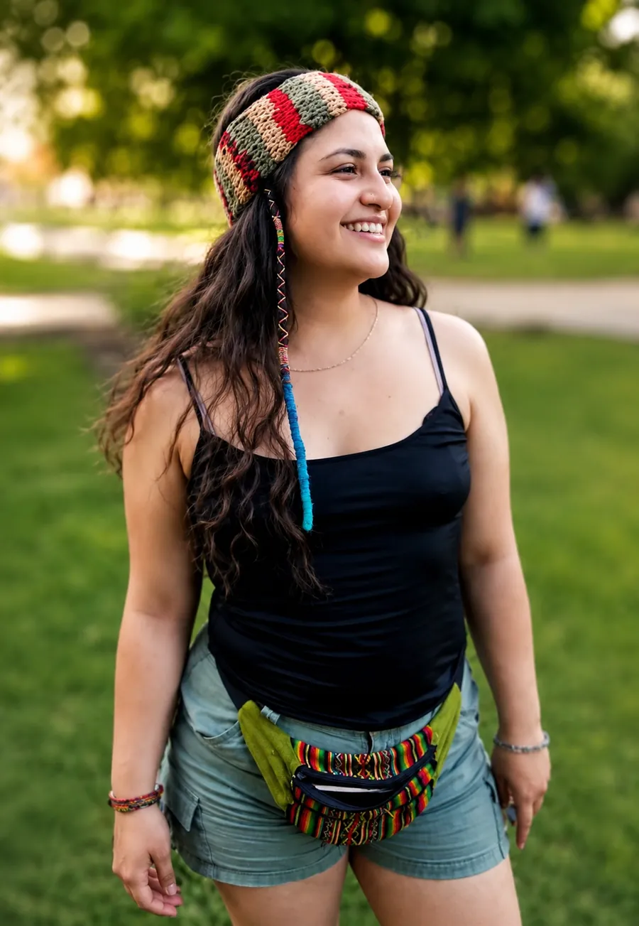 Mujer sonriendo con un dread decorado con hilos de colores