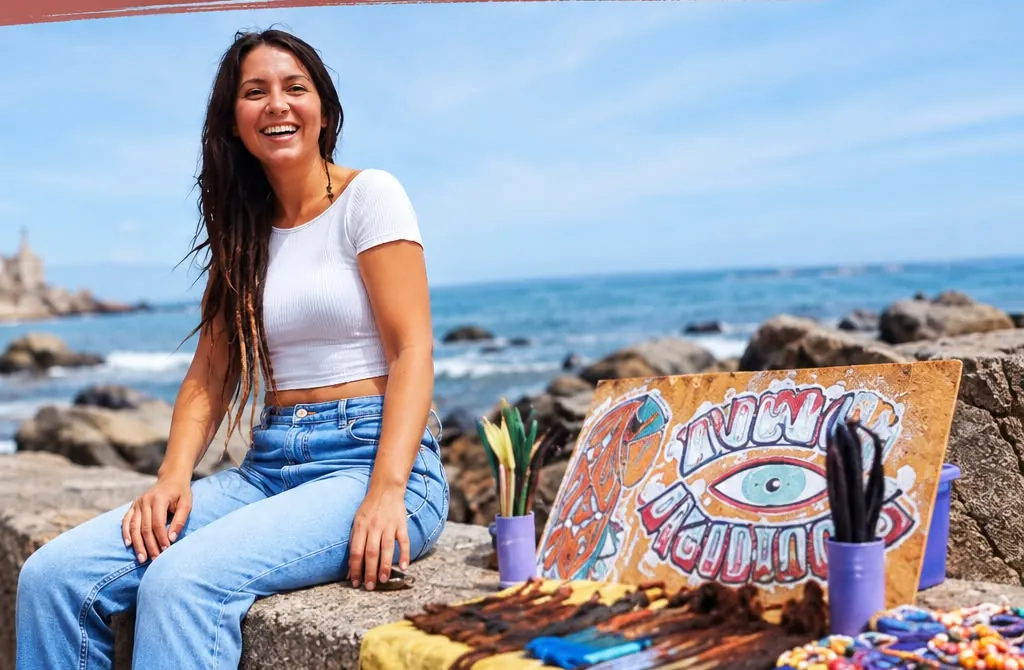 Nae sonriendo frente al mar, junto a su puesto de dreads en Avenida Perú